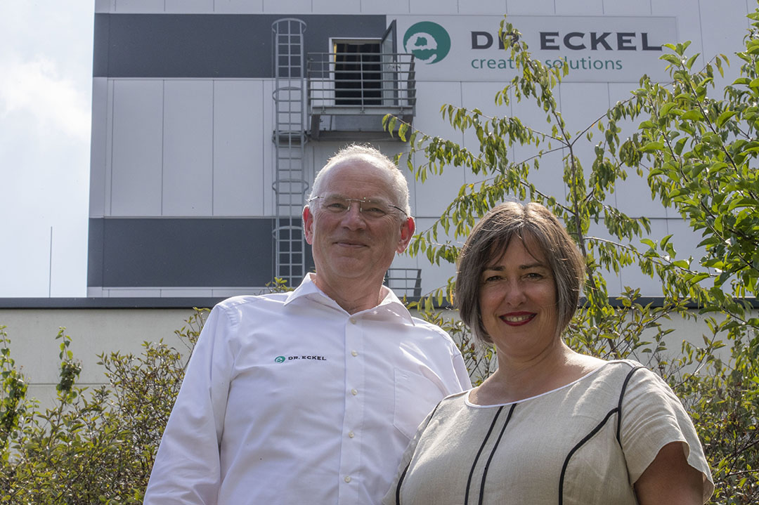 Dr Bernhard and Dr Antje Eckel at the production plant in Niederzissen, Germany.