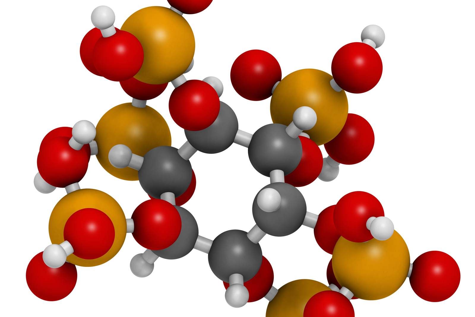 Phytic acid (hexakisphosphate, IP6, phytate) molecule. Present in seeds and grains of many plants, acting as storage form of phosphorus. Atoms are represented as spheres with conventional colour coding. <em>Photo: Dreamstime</em>
