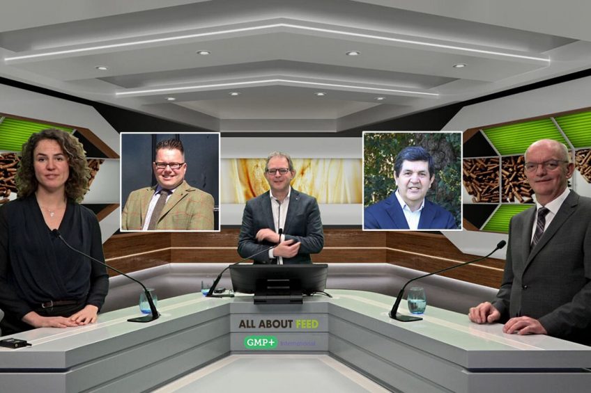 The line-up of the webinar, with in the studio speakers Mia Lafontaine, Trouw Nutrition (left) and Johan den Hartog, GMP+ International (right). Portraits are from John Kirkpatrick, Tesco (left) and Dr Wolfgang Peralta, Agrosuper (right). Photo: Company Webcast