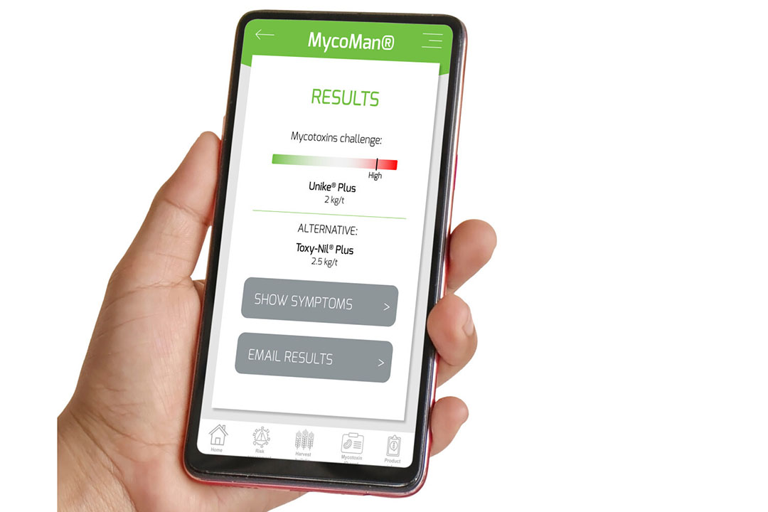 The MycoMan Mobile App is a simple way of evaluating the mycotoxin challenge for a specific group of animals and is used to calculate the dose of mycotoxin deactivator required to effectively control mycotoxins. Photo: Adisseo