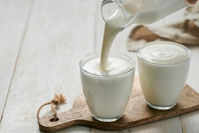 Kefir, a fermented milk product, poured in a glass for human consumption. It may also be a useful additive to diets for weaned piglets. Photo: Shutterstock