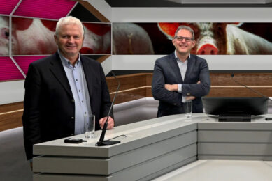 Pig Progress editor, Vincent ter Beek (right) is joined in studio in the Netherlands by Dr Albert van Dijk (Schothorst Feed Research), and virtually by José Maria Ros Felip (Perstorp Animal Nutrition) and Daniel Šperling (Ceva Santé Animale). Photo: Company Webcast