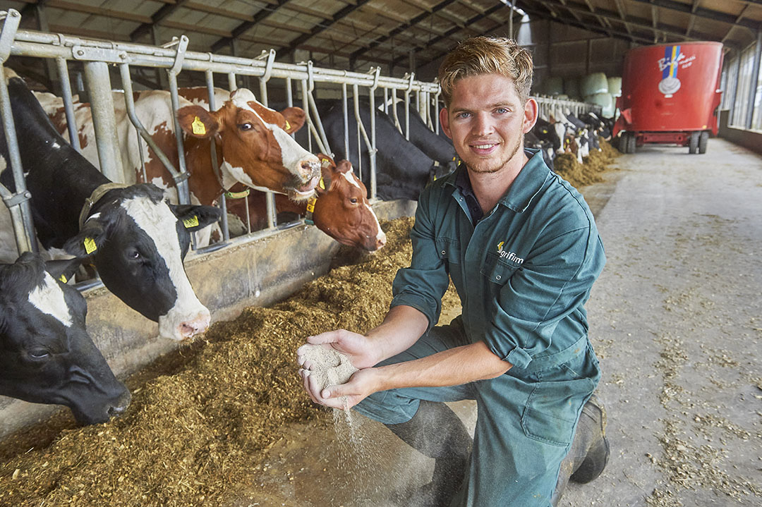 Lars van den Nieuwenhoven op zijn melkveehouderij in Someren.Voor de start van een pilot met het voeradditief Bovaer.t.b.v. Friesland Campina Fotograaf: Van Assendelft Fotografie