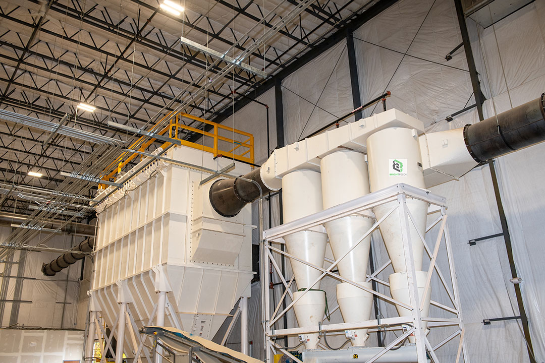 Bag house for capturing the feed after it is dried and heated at 600 degrees F. This begins the cooling process and also captures any excess dust particles. Photo: Bright Feeds