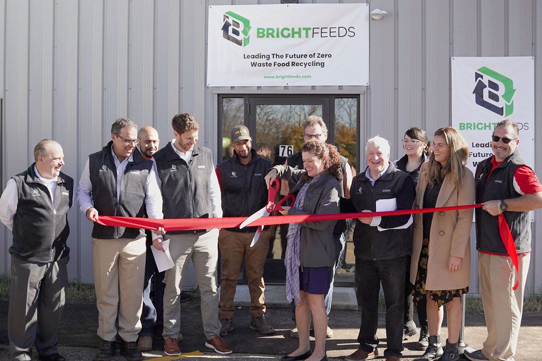 Katie Dykes, the Commissioner of Connecticut's Department of Energy & Environmental Protection, cutting the ribbon at the opening of the food waste processing plant in Berlin, Connecticut in 2022. Photo: Bright Feeds