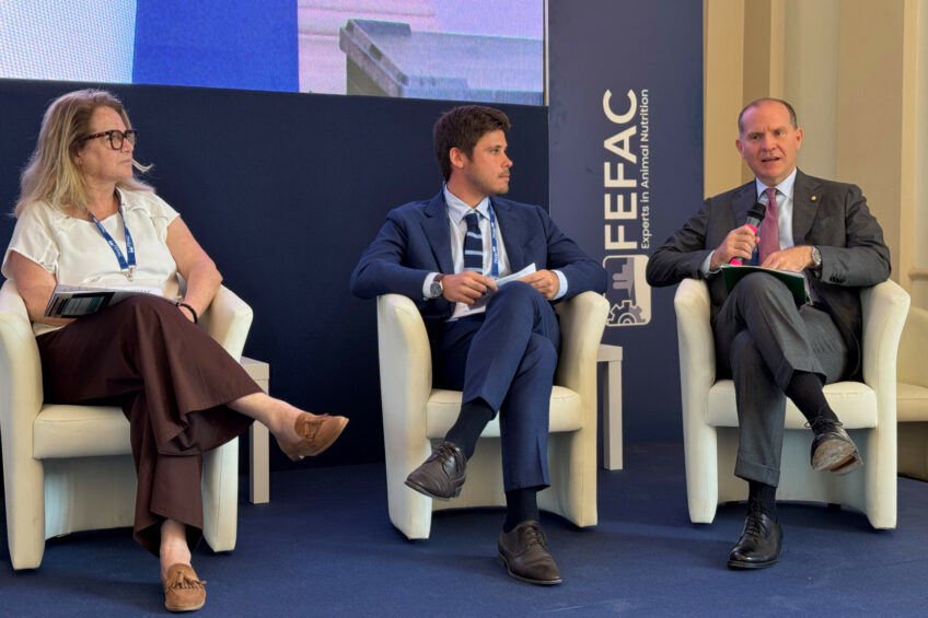 From left: Roxane Feller, secretary general of AnimalhealthEurope; Alberto Babolin, senior policy officer at the European Dairy Association; and Massimiliano Giansanti, COPA president, speak during a panel discussion at FEFAC’s 69th Public Annual Meeting in Rome. Photo’s Melanie Epp.